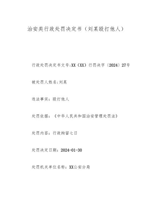 治安类行政处罚决定书（刘某殴打他人).docx