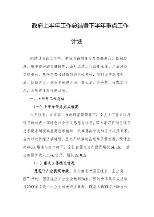 政府上半年工作总结暨下半年重点工作计划.docx