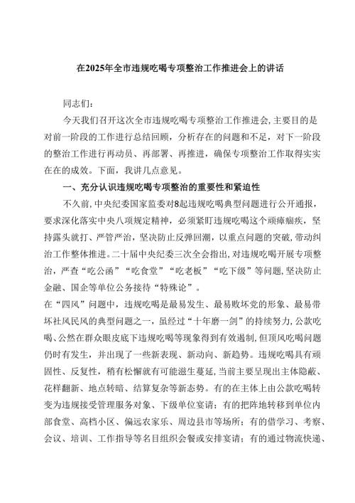 在2025年全市违规吃喝专项整治工作推进会上的讲话精选（5篇）.docx