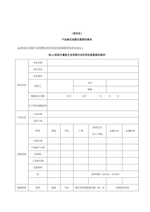 纸面石膏板产品碳足迹量化数据收集表、碳足迹研究报告（模板）、常用参数参考值.docx
