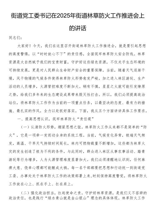 街道党工委书记在2025年街道林草防火工作推进会上的讲话.docx