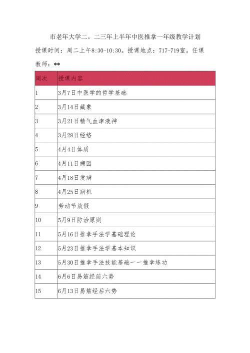 市老年大学二○二三年上半年中医推拿一年级教学计划.docx