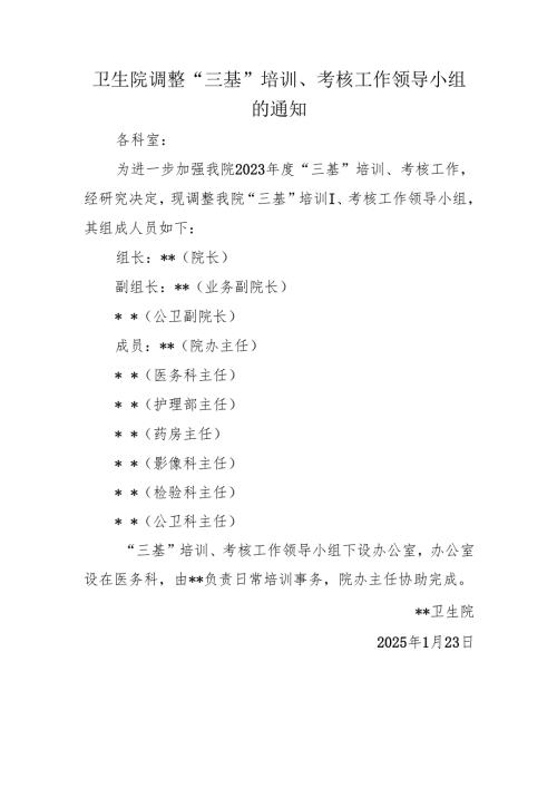 卫生院调整“三基”培训、考核工作领导小组的通知.docx