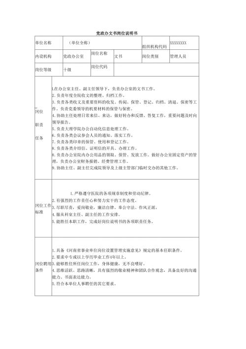 党政办文书岗位说明书.docx