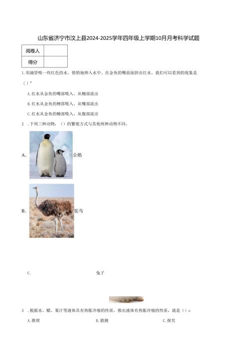 山东省济宁市汶上县2024-2025学年四年级上学期10月月考科学试题.docx