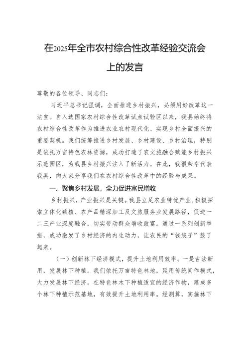在2025年全市农村综合性改革经验交流会上的发言.docx