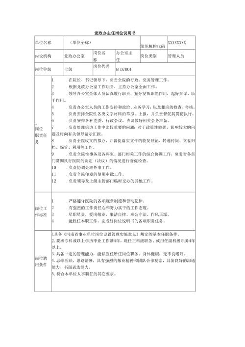 党政办主任岗位说明书.docx