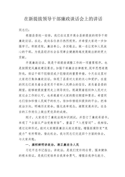 新提拔重用领导干部廉政谈话会上的讲话.docx