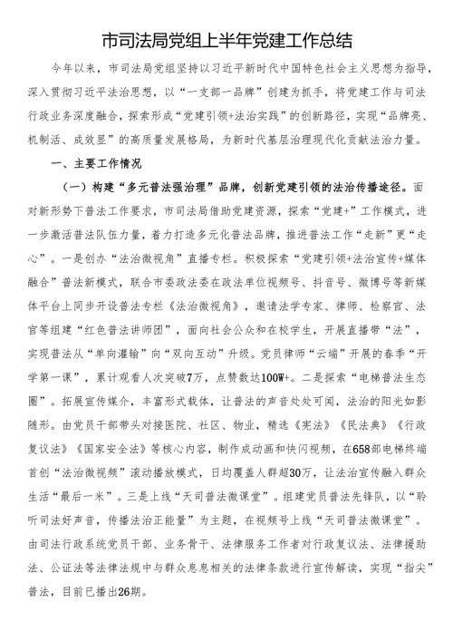 市司法局党组上半年党建工作总结.docx