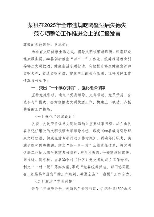 某县在2025年全市违规吃喝暨酒后失德失范专项整治工作推进会上的汇报发言.docx