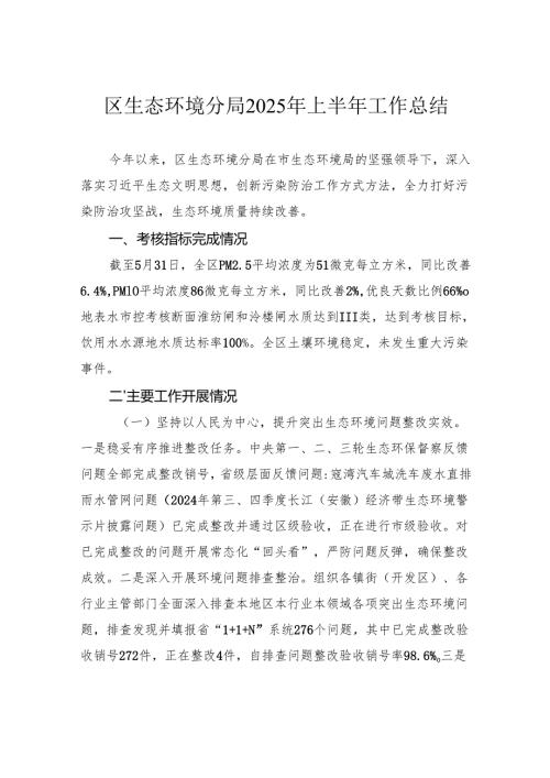 区生态环境分局2025年上半年工作总结.docx
