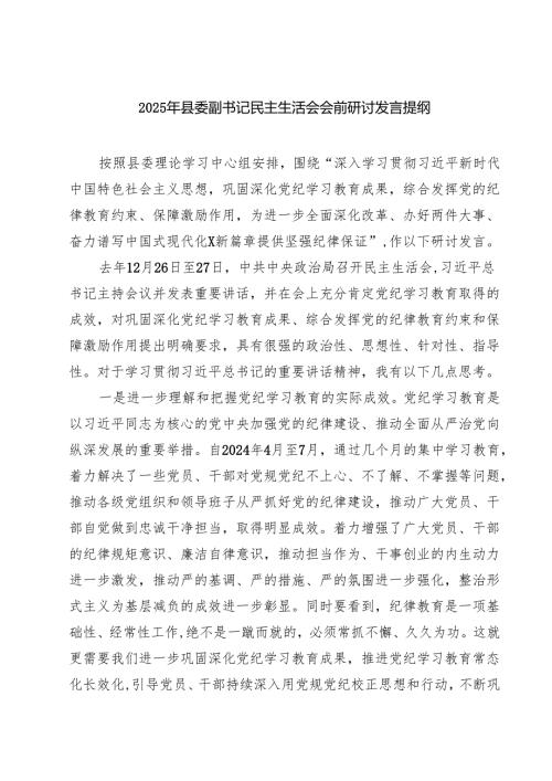 四篇 2025年县委副书记民主生活会会前研讨发言提纲精选.docx