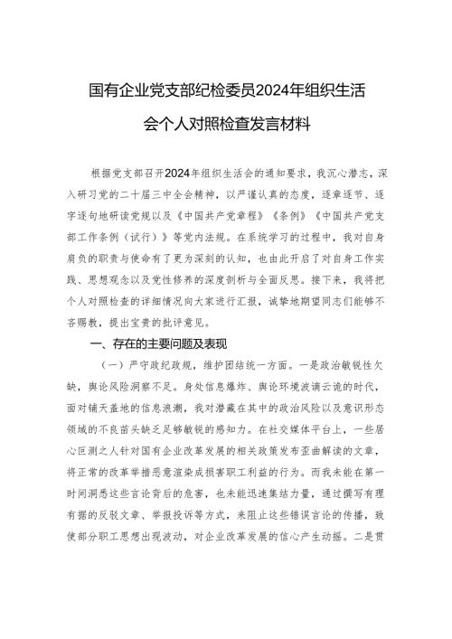 国企党支部纪检委员2024年组织生活会个人对照检查发言材料.docx