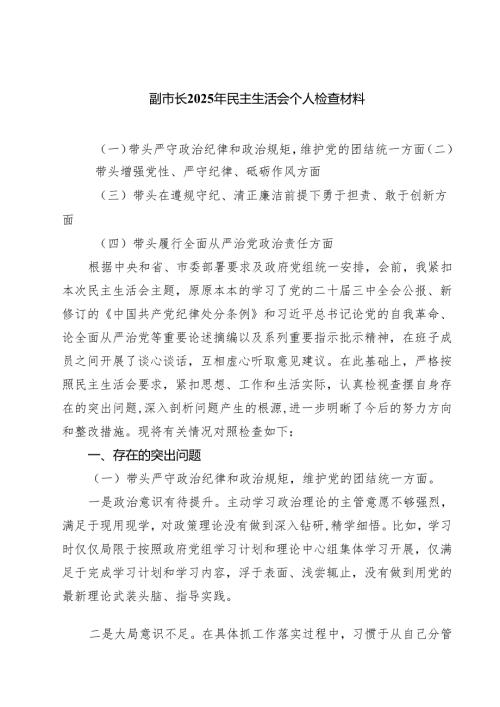 副市长2025年民主生活会个人检查材料【六篇】.docx