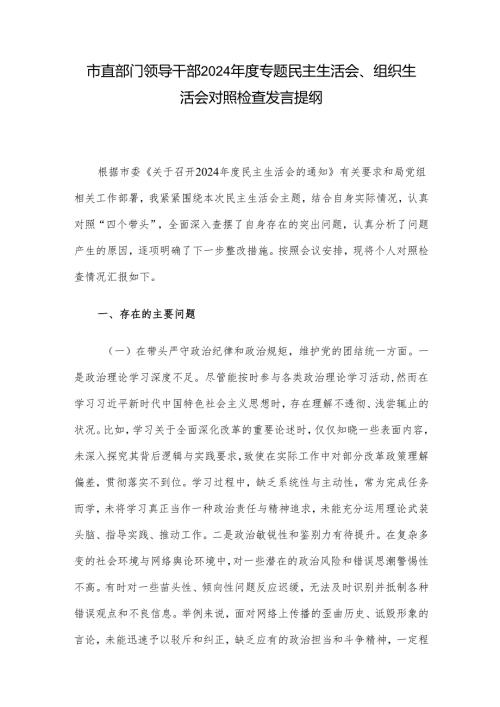 市直部门领导干部2024年度专题民主生活会、组织生活会对照检查发言提纲.docx