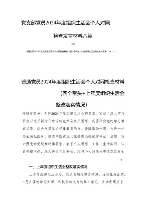 党支部党员2024年度组织生活个人检查发言材料 八篇.docx