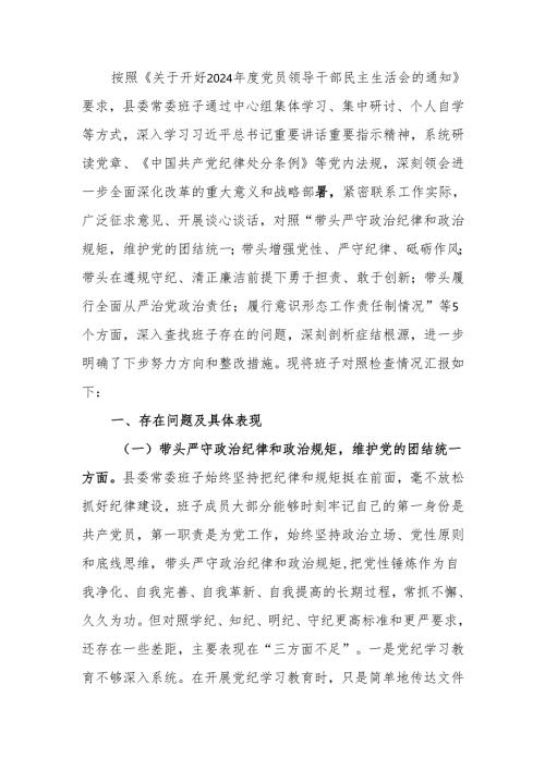 最新2024年度民主生活领导班子四个带头检查材料可编辑文档.docx