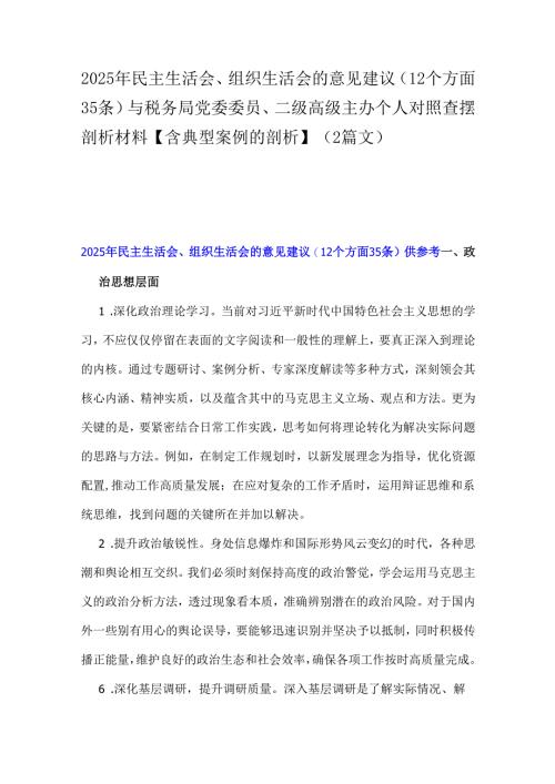 2025年民主生活会、组织生活会的意见建议(12个方面35条)与税务局党委委员、二级高级主办个人对照查摆剖析材料【含典型案例的剖析】（2篇文）.docx