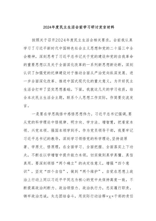 2024年度民主生活会前学习研讨发言材料.docx