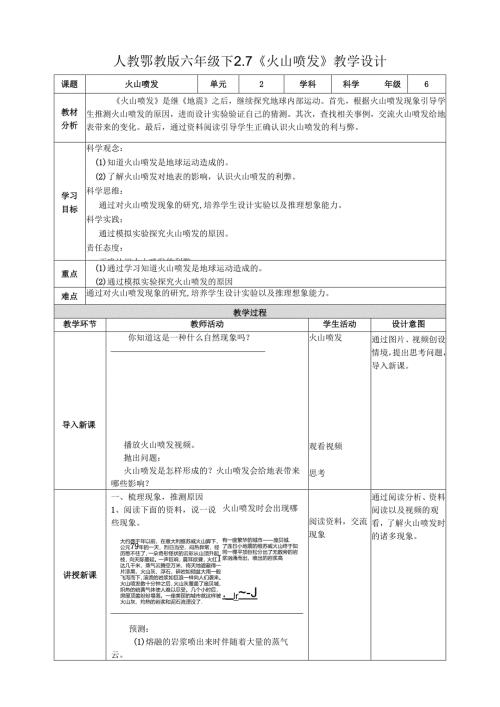 2025鄂教人教版科学六年级下册 第二单元 地表形态的变化2.7《火山喷发》教案.docx