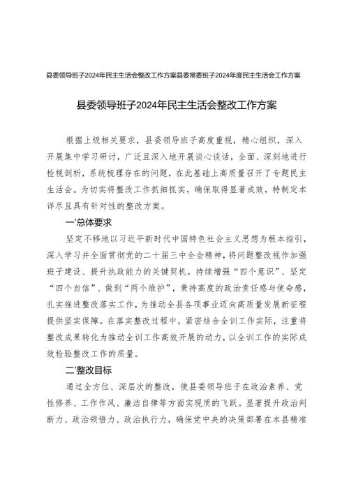 2025年县委领导班子民主生活会整改工作方案+民主生活会工作方案.docx