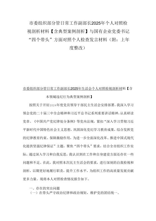 市委组织部分管日常工作副部长2025年个人对照检视剖析材料【含典型案例剖析】与国有企业党委书记“四个带头”方面对照个人检查发言材料(.docx
