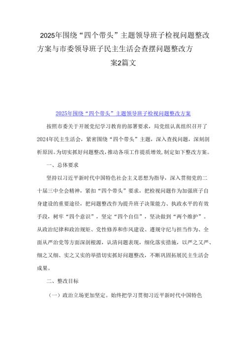 2025年围绕“四个带头”主题领导班子检视问题整改方案与市委领导班子民主生活会查摆问题整改方案2篇文.docx