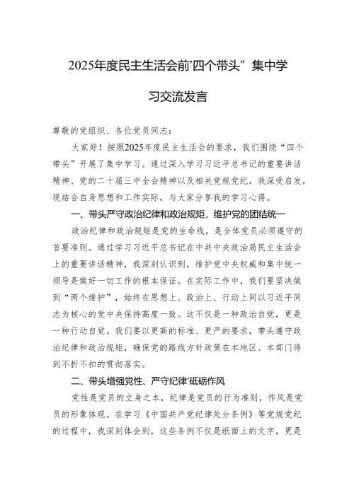 2025年民主生活会前“四个带头”集中学习研讨交流发言.docx