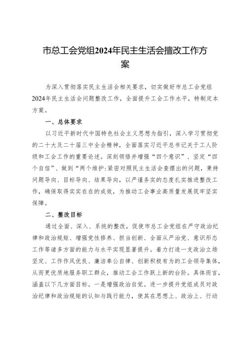 市总工会党组2024年民主生活会整改工作方案（含查摆的问题）.docx