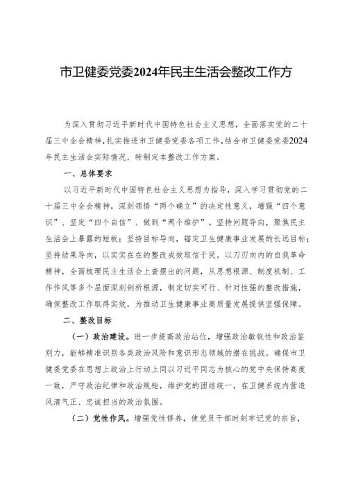 市卫健委党委2024年民主生活会整改工作方案.docx