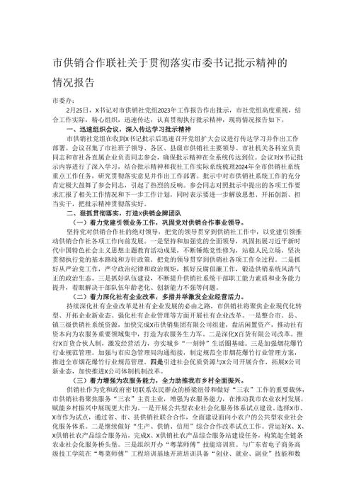 市供销合作联社关于贯彻落实市委书记批示精神的情况报告.docx