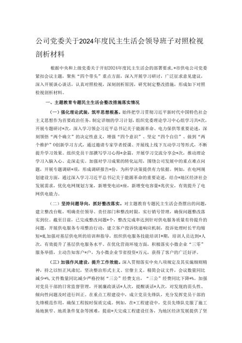 公司党委关于2024年度民主生活会领导班子对照检视剖析材料.docx