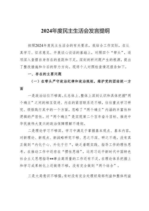 2024年度民主生活会发言提纲.docx