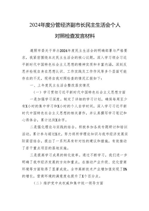 2024年度分管经济副市长民主生活会个人对照检查发言材料.docx
