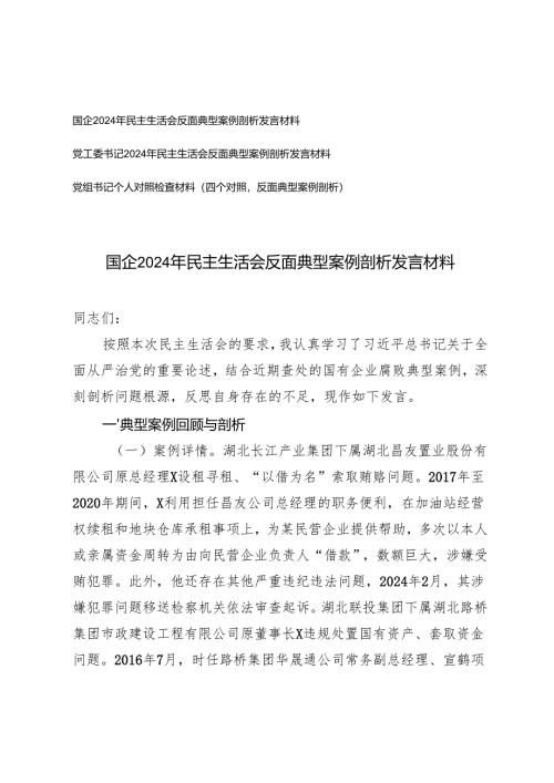 国企、党工委书记2024-2025年民主生活会反面典型案例剖析发言材料+党组书记个人对照检查材料（四个对照反面典型案例剖析）.docx
