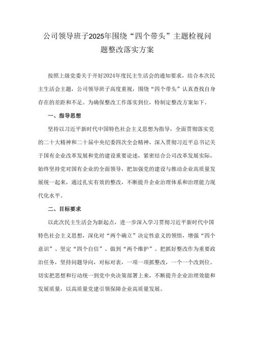 公司领导班子2025年围绕“四个带头”主题检视问题整改落实方案.docx