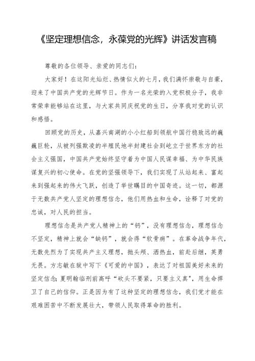 《坚定理想信念永葆党的光辉》讲话发言稿.docx