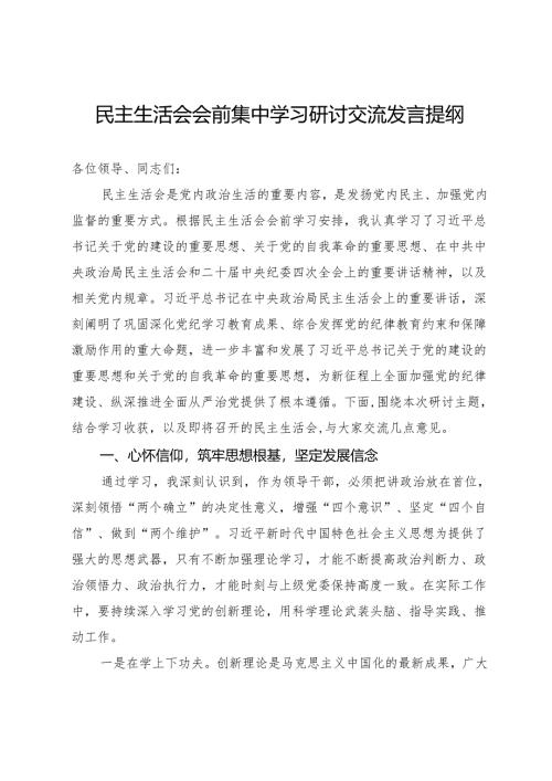 民主生活会会前集中学习研讨交流发言提纲.docx