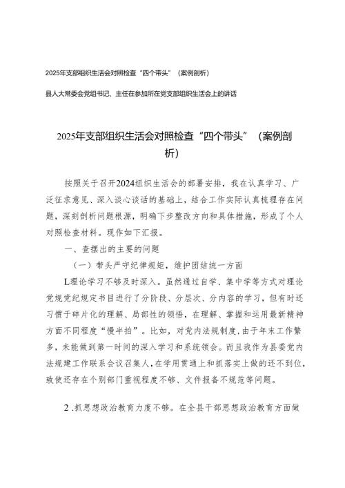 2025年支部组织生活会对照检查“四个带头”（案例剖析）+县人大常委会党组书记、主任在参加所在党支部组织生活会上的讲话.docx