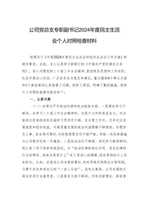 公司党总支专职副书记2024年度民主生活会个人对照检查材料.docx