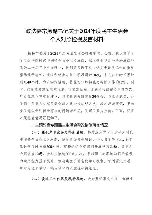 政法委常务副书记关于2024年度民主生活会个人对照检视发言材料.docx
