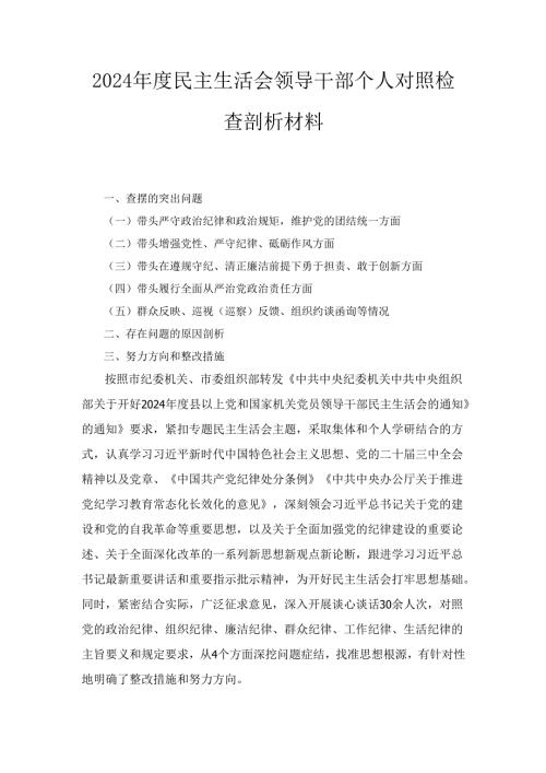 （2024年）度民主生活会领导干部个人对照检查剖析材料.docx