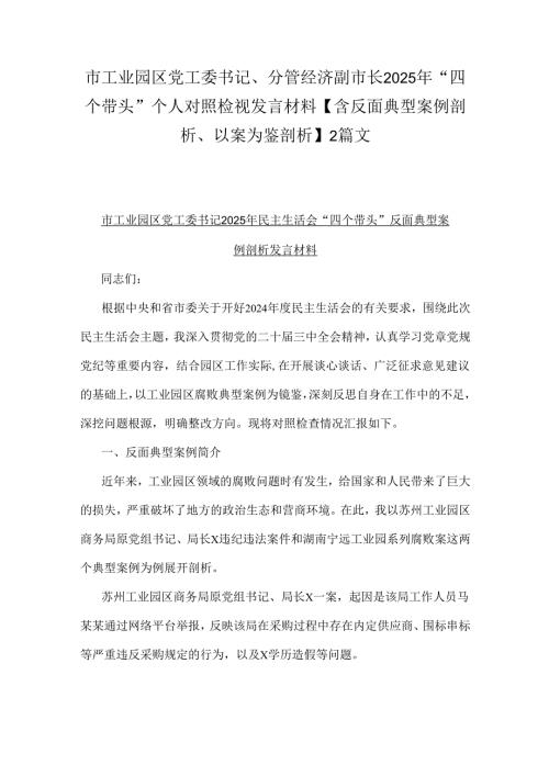市工业园区党工委书记、分管经济副市长2025年“四个带头”个人对照检视发言材料【含反面典型案例剖析、以案为鉴剖析】2篇文.docx