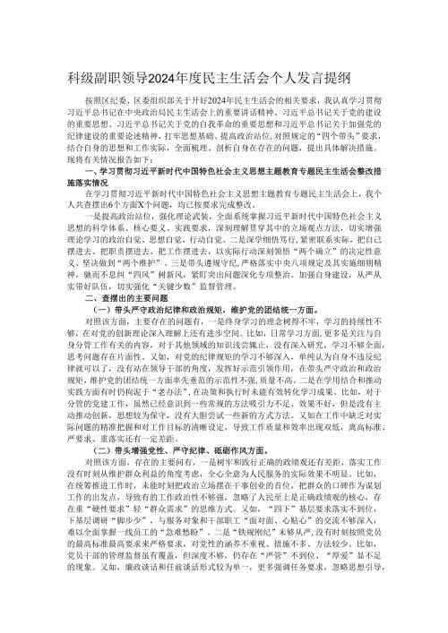 科级副职领导2024年度民主生活会个人发言提纲.docx