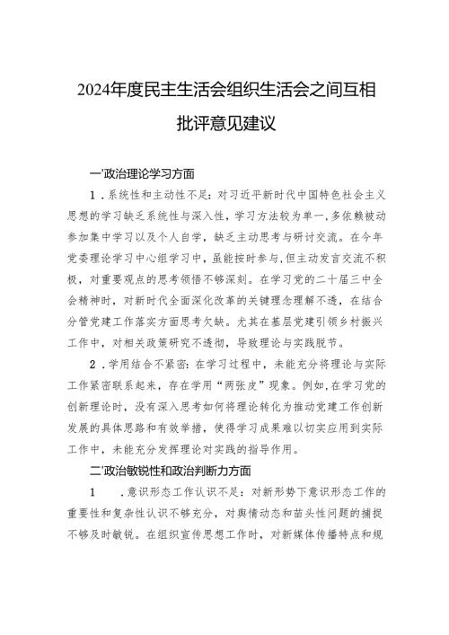 2024年度民主生活会组织生活会之间互相批评意见建议.docx