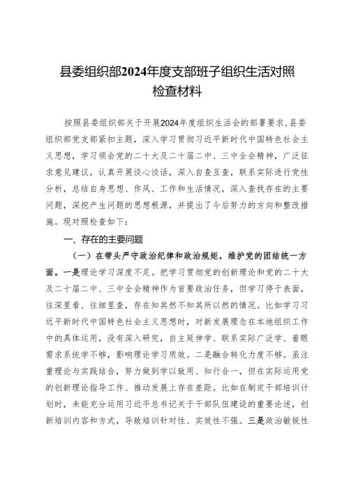 县委组织部2024年度支部班子组织生活对照检查材料.docx