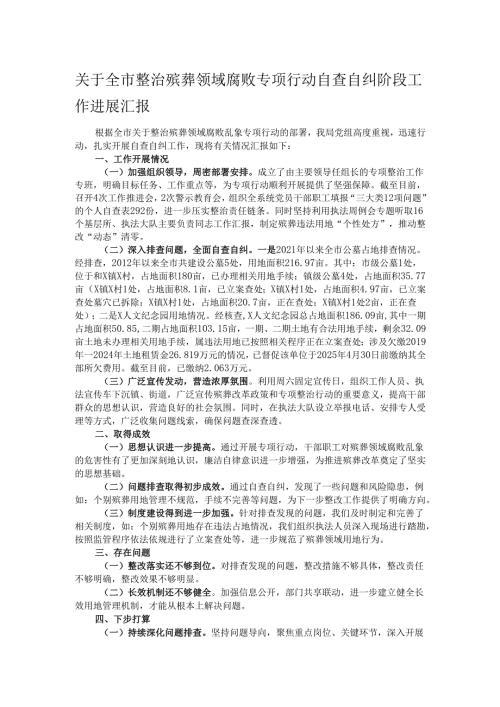 关于全市整治殡葬领域腐败专项行动自查自纠阶段工作进展汇报.docx