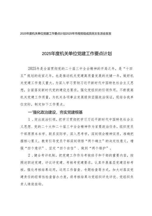2025年度机关单位党建工作要点计划+2025年市局党组成员民主生活会发言.docx