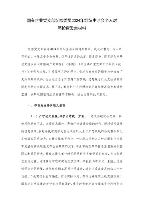 国有企业党支部纪检委员2024年组织生活会个人对照检查发言材料.docx