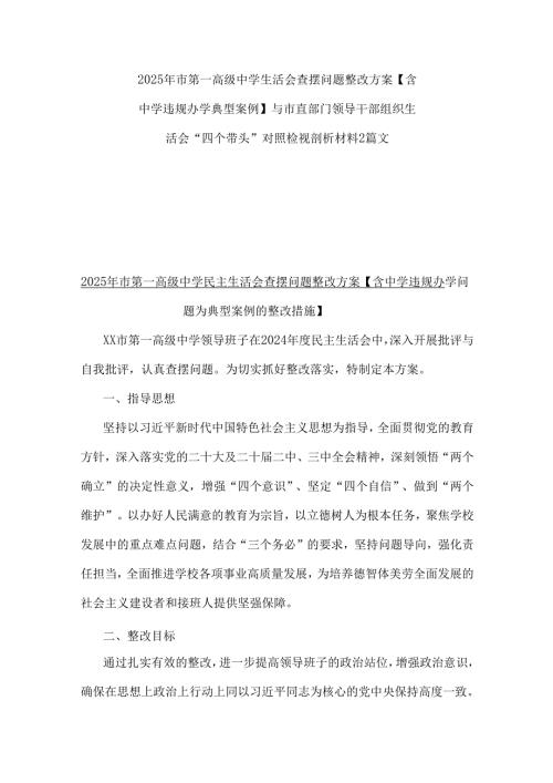2025年市第-高级中学生活会查摆问题整改方案【含中学违规办学典型案例】与市直部门领导干部组织生活会“四个带头”对照检视剖析材料2篇文.docx